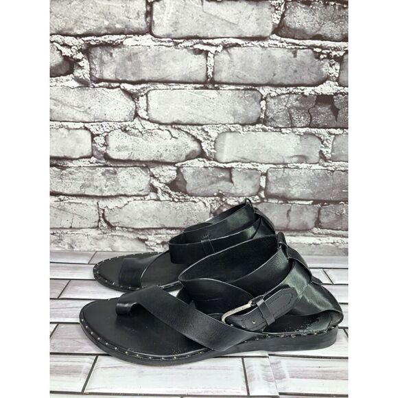 POUR LA VICTOIRE Black Leather Toe Post Ankle Strap Sandals Women Sz 8.5M US/39 - Picture 1 of 16